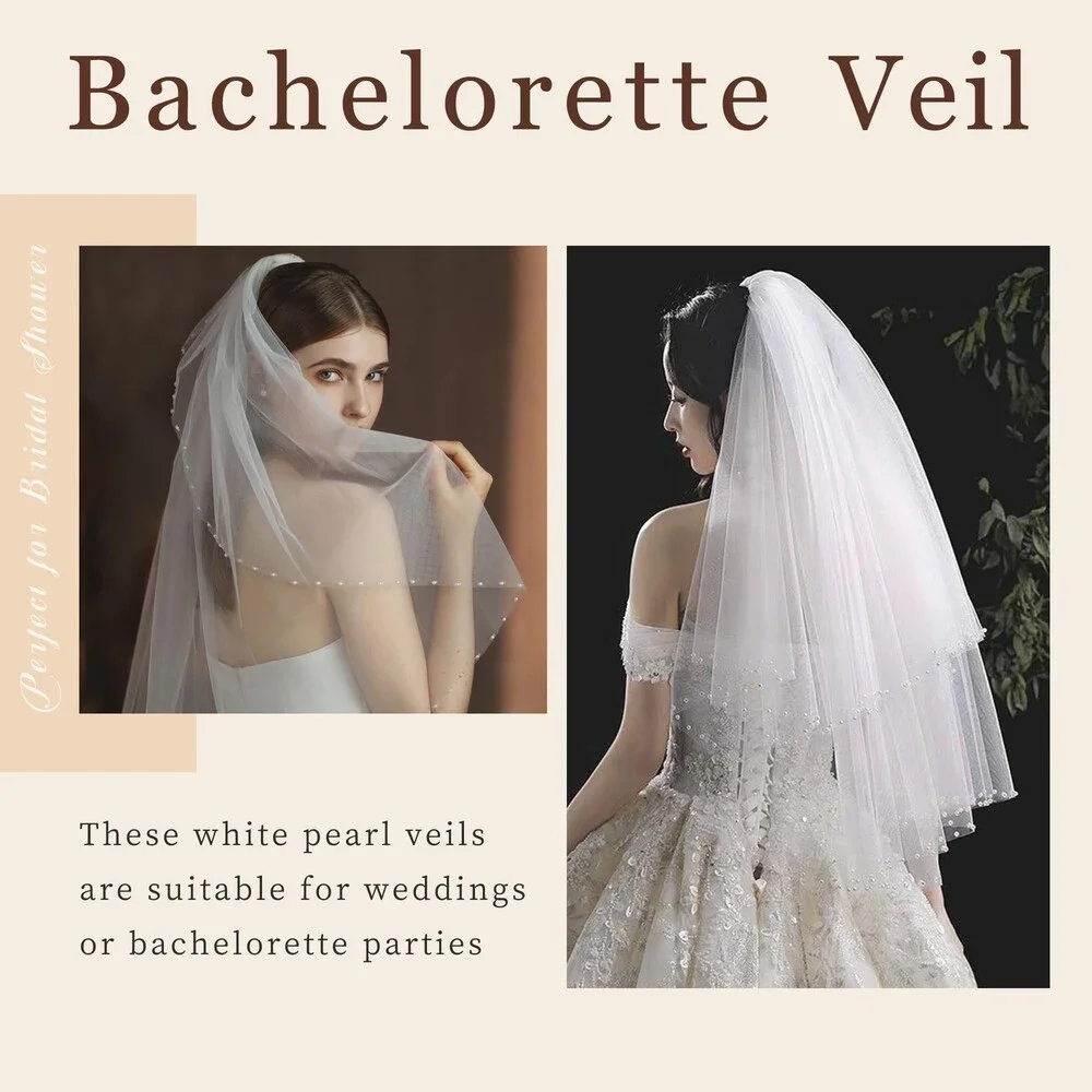 YAEISM White Pearl Edge Wedding Veil 2 Tier Beaded Bridal Veils Fingertip OS